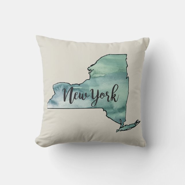 New York State Map Watercolor Throw Pillow (Front)