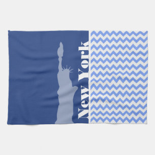 New York, Statue of Liberty; Blue Chevron Tea Towel