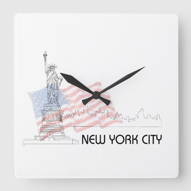 New York - Statue of Liberty USA Flag Square Wall Clock (Front)