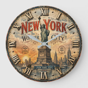 New York Statue of Liberty Vintage NYC Skyline  Large Clock