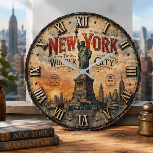 New York Statue of Liberty Vintage NYC Skyline Large Clock