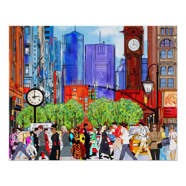 New York Street Scene Art People Crossing Street Poster (Front)
