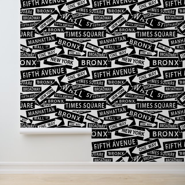 New York Street Signs Black and White Pattern Wallpaper (Application)