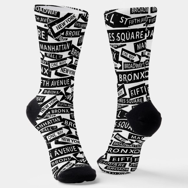 New York Street Signs Black and White Patterned Socks (Angled)
