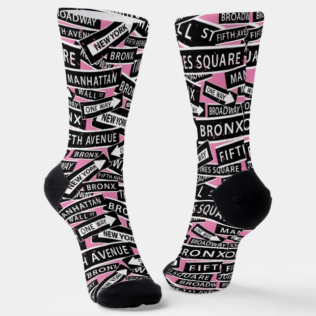 New York Street Signs Black and White Patterned Socks (Angled)