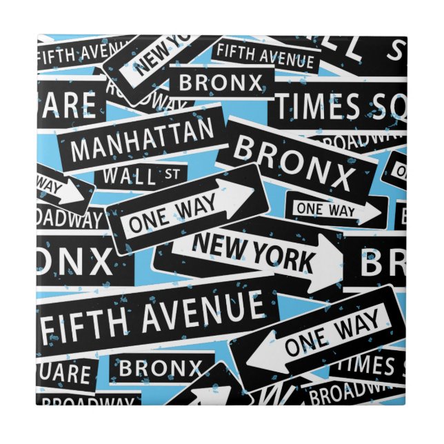 New York Street Signs Black White Blue Tile (Front)