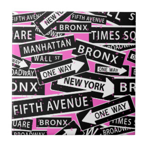 New York Street Signs Black White Pink Tile