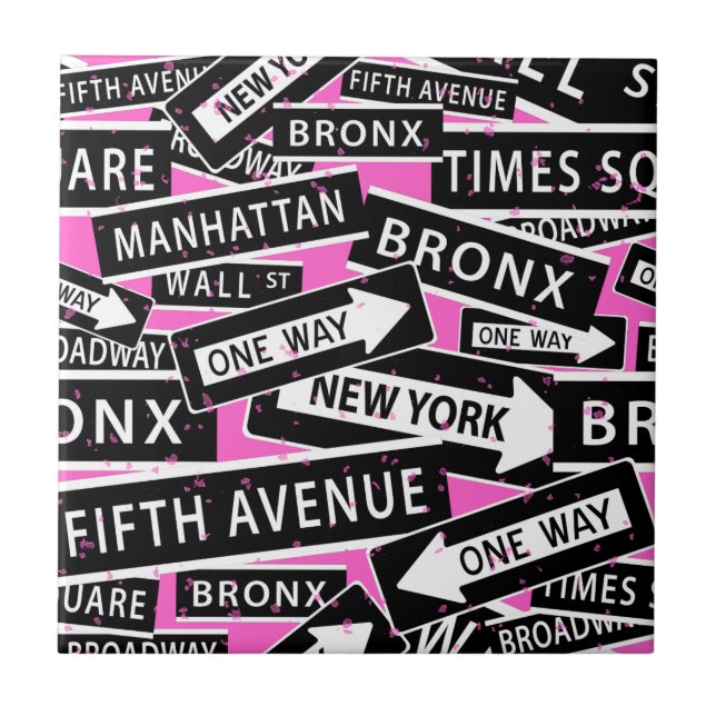 New York Street Signs Black White Pink Tile (Front)