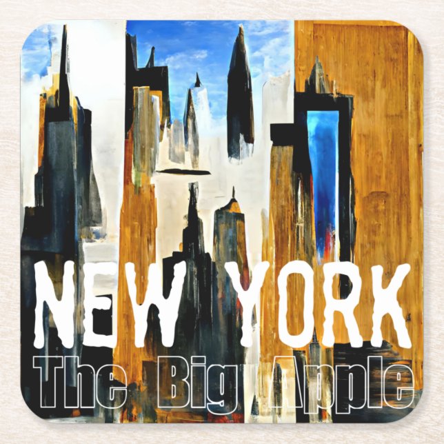 New York The Big Apple Abstract Painting Square Paper Coaster (Front)