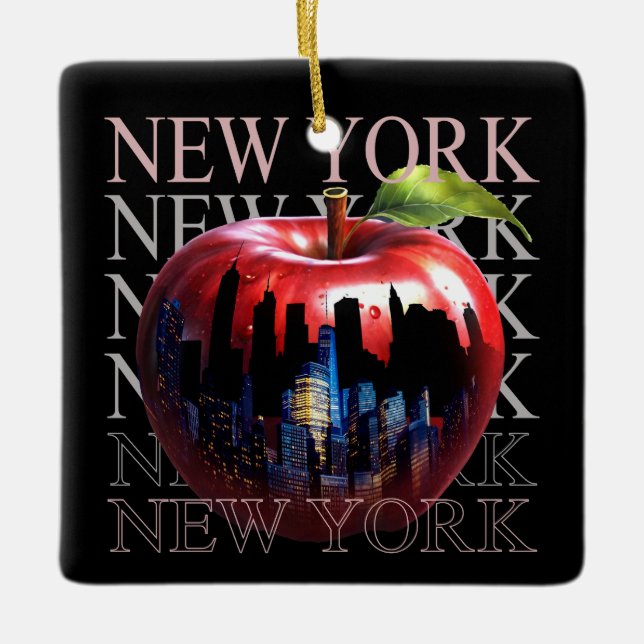 New York The Big Apple Fruit Silhouette City Ceramic Ornament (Front)