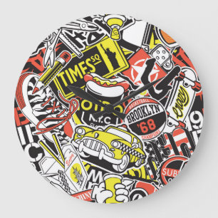 New York urban: sticker patchwork. Large Clock
