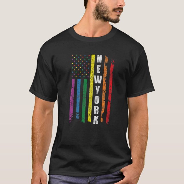 New York Us American Flag Rainbow Gay Lgbt Pride M T-Shirt (Front)