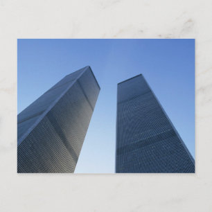 New York, USA. View up at twin towers of the Postcard