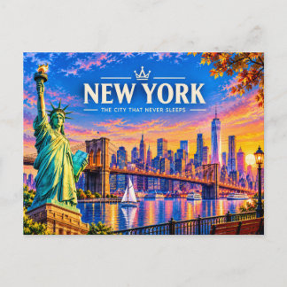 New York Vintage Travel Art -and Sunset Skyline Holiday Postcard