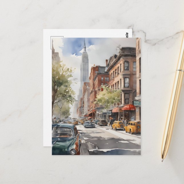 New York watercolor art Postcard (Front/Back In Situ)