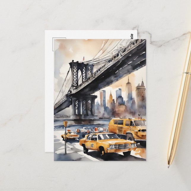New York watercolor art Postcard (Front/Back In Situ)
