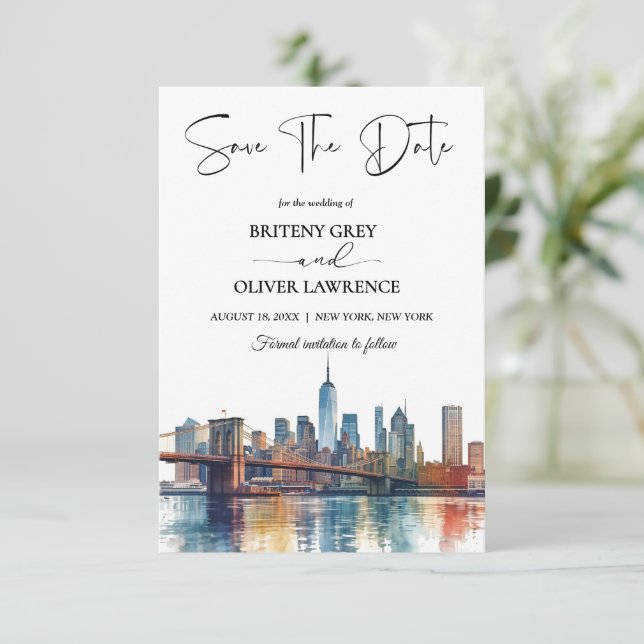 New York Watercolor Skyline Destination Save The Date (Standing Front)