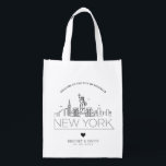 New York Wedding | Stylised Skyline Reusable Grocery Bag<br><div class="desc">A unique wedding bag for a wedding taking place in the beautiful city/STATE New York.  This bag features a stylised illustration of the city's unique skyline with its name underneath.  This is followed by your wedding day information in a matching open lined style.</div>