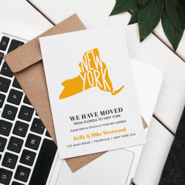 NEW YORK We've moved New address New Home  Postcard (New York Modern Change Address Postcard with Silhouette Map- in yellow Customizable Name and AddRESS)