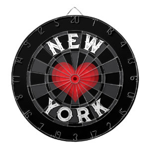 NEW YORK White Text on Black Charcoal Red Heart Dartboard