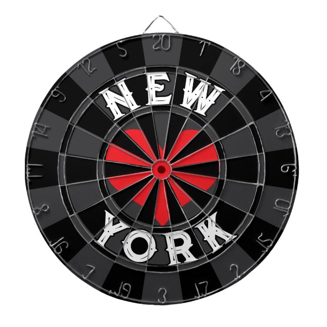 NEW YORK White Text on Black Charcoal Red Heart Dartboard (Front)
