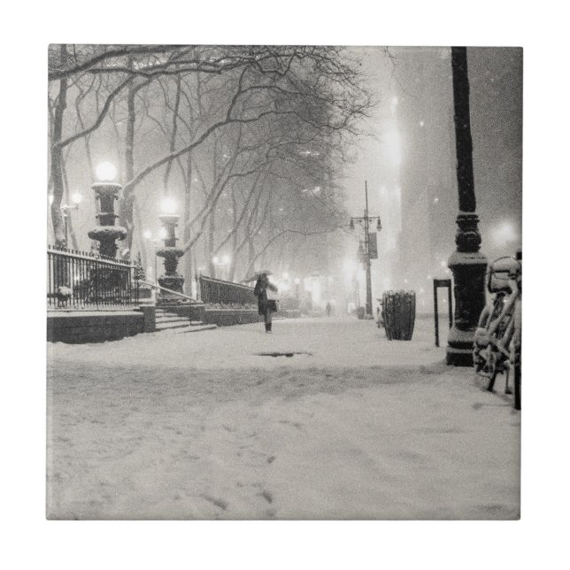 New York Winter - Snowy Night - Bryant Park Tile (Front)