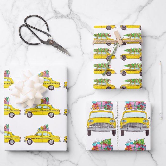New York Yellow Cab Taxi Christmas Gifts Wrapping Paper Sheet (Front)