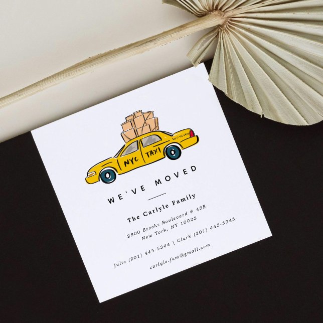 New York Yellow Taxi Square Moving Announcements (Hand-drawn NYC yellow taxi illustration for a square New York City moving announcement card.)