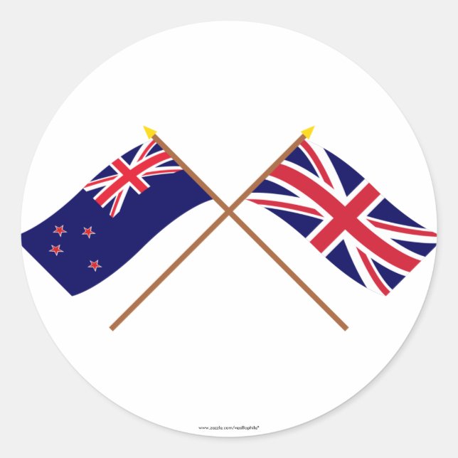 New Zealand and United Kingdom Crossed Flags Classic Round Sticker (Front)