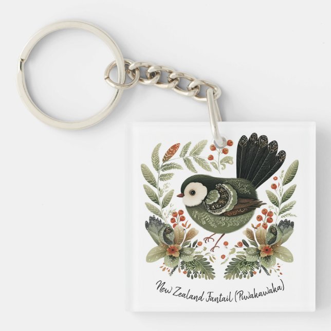 New Zealand Fantail Folk Art Key Ring (Front)