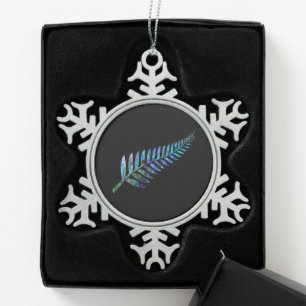 NEW ZEALAND FERN SIMPLE PAUA SNOWFLAKE PEWTER CHRISTMAS ORNAMENT