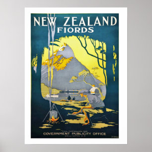 New Zealand fiords, vintage travel poster