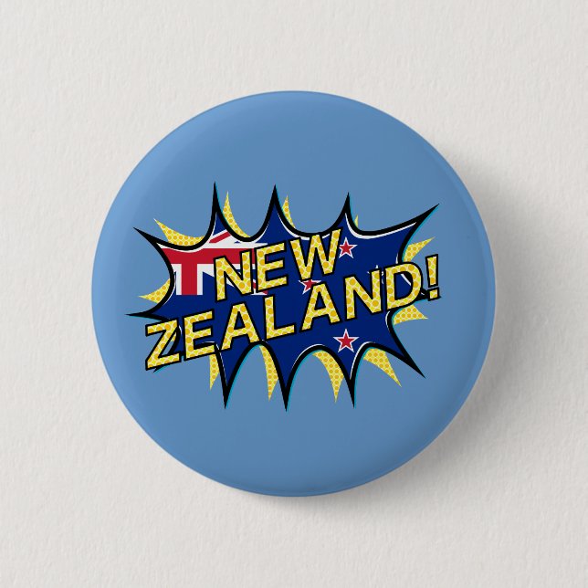 New Zealand flag comic style kapow star 6 Cm Round Badge (Front)