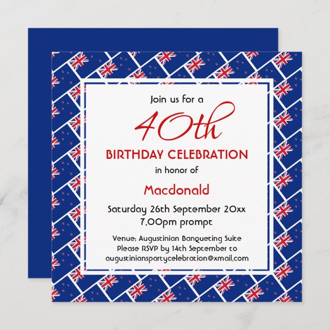 NEW ZEALAND FLAG Custom Birthday Celebration Invitation (Front/Back)