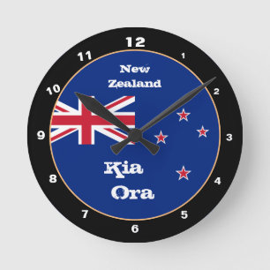 New Zealand Flag, Kia Ora, trendy New Zealand Round Clock