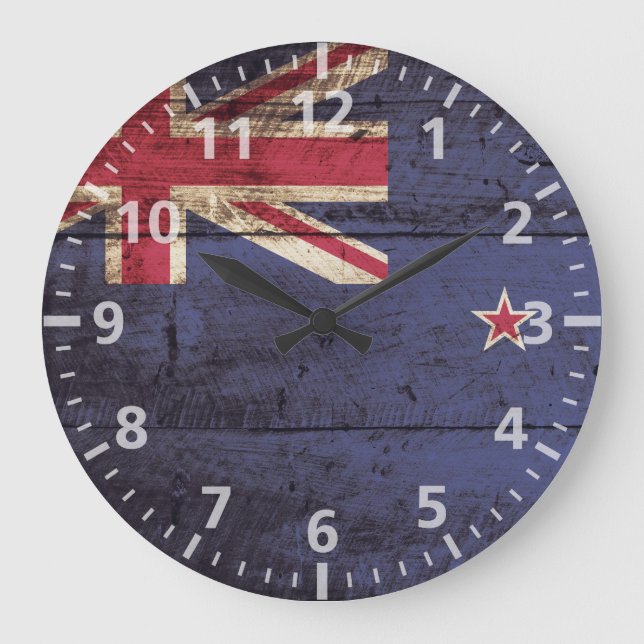 New Zealand Flag on Old Wood Grain Large Clock (Front)