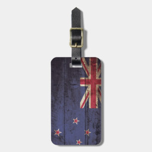 New Zealand Flag on Old Wood Grain Luggage Tag