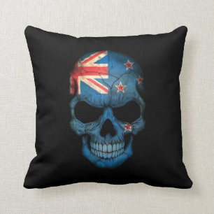 New Zealand Flag Skull on Black Cushion