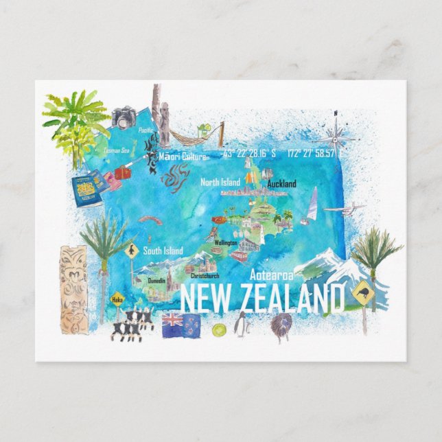 New Zealand Illustrated Travel Map Postcard (Front)