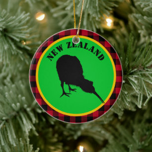 New Zealand & Kiwi Bird, Rustic Red Buffalo Plaid Ceramic Tree Decoration
