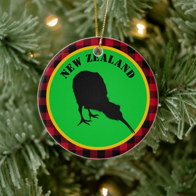 New Zealand & Kiwi Bird, Rustic Red Buffalo Plaid Ceramic Tree Decoration (Tree)