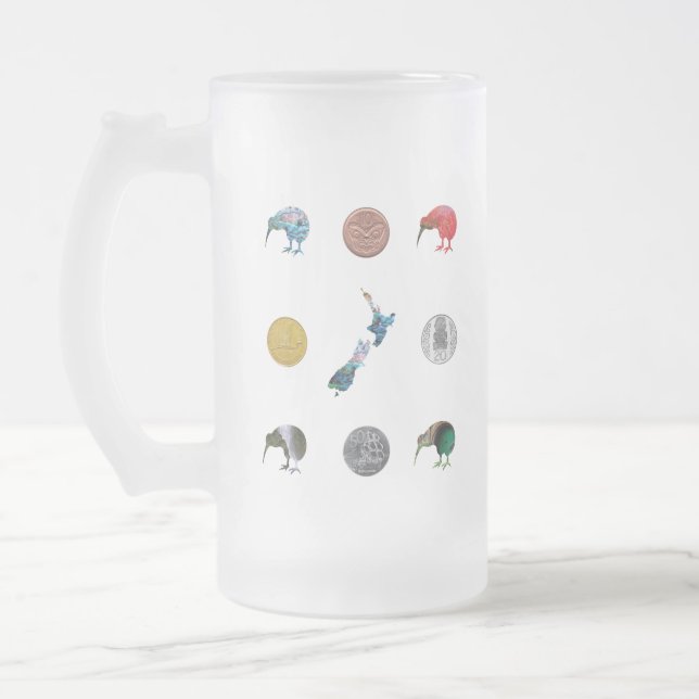 NEW ZEALAND KIWI MONEY COINS FROSTED GLASS BEER MUG (Left)