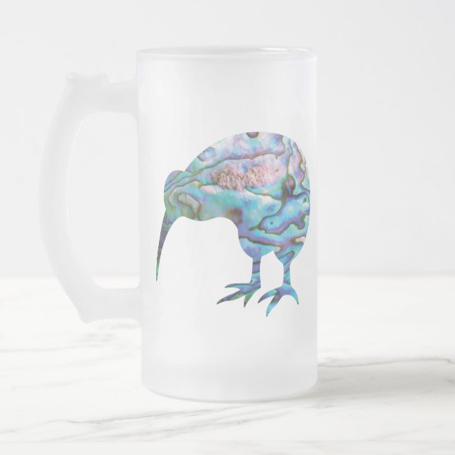 NEW ZEALAND KIWI PAUA FROSTED GLASS BEER MUG (Left)