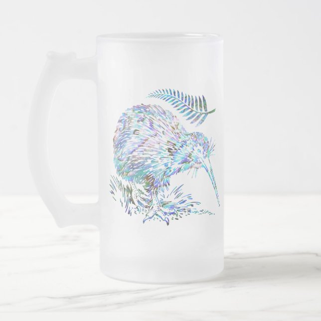 NEW ZEALAND KIWI PAUA GLASS FROSTED GLASS BEER MUG (Left)