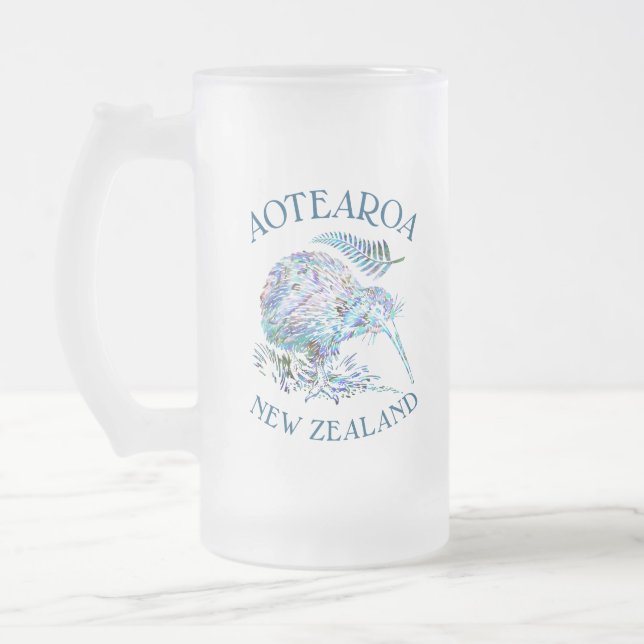 NEW ZEALAND KIWI PAUA GLASS FROSTED GLASS BEER MUG (Left)