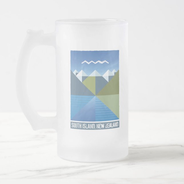 NEW ZEALAND KIWI SOUTH ISLAND FROSTED GLASS BEER MUG (Left)