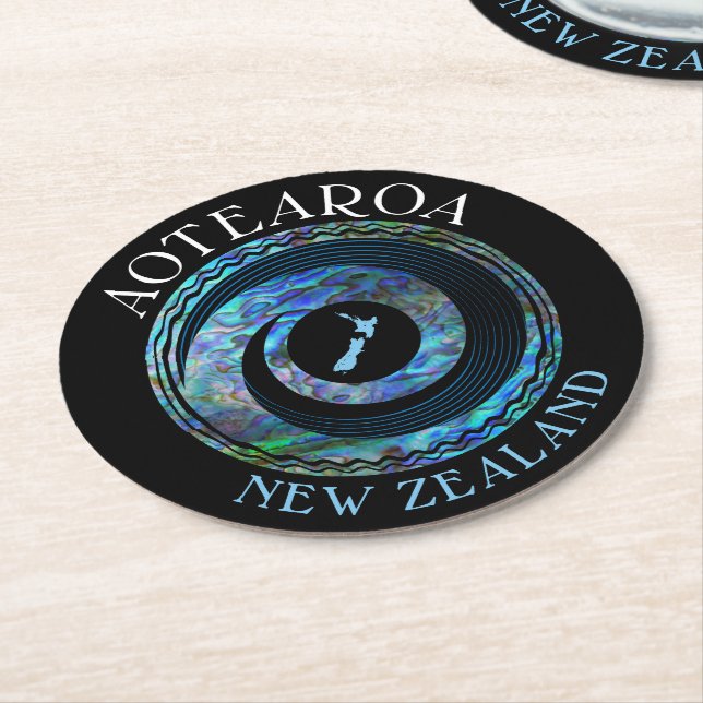 NEW ZEALAND KORU MAP PAUA ROUND PAPER COASTER (Angled)
