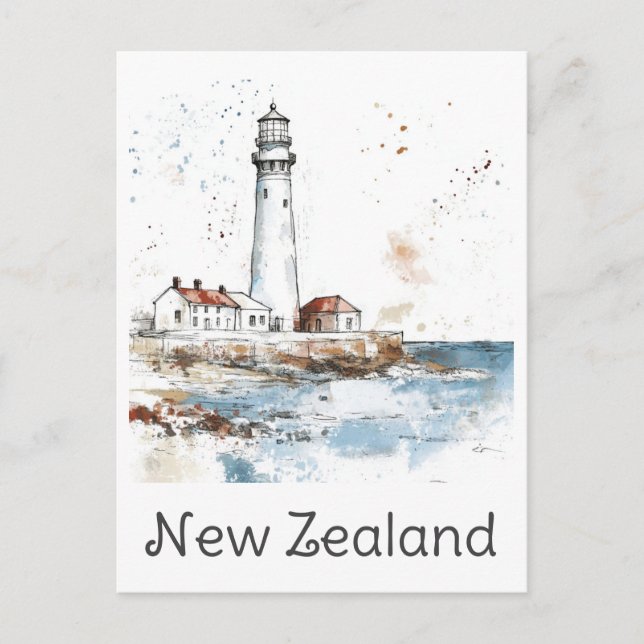 New Zealand Lighthouse Watercolor Travel Postcard (Front)