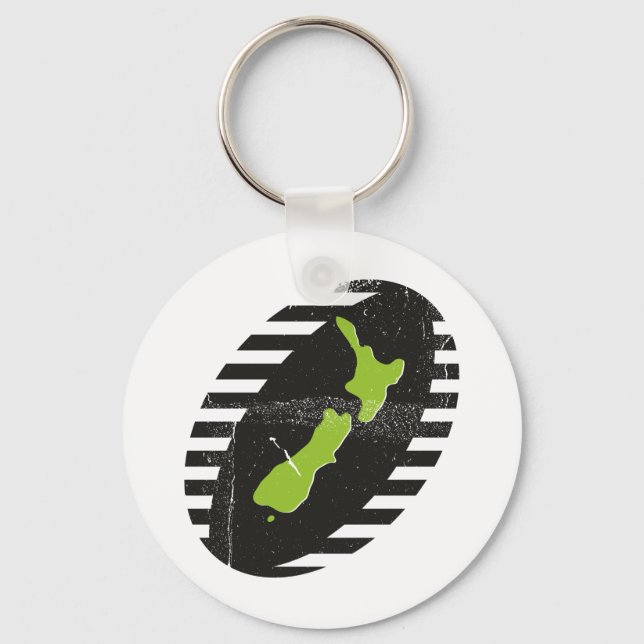 New Zealand Map On Rugby Ball Grungy Key Ring (Front)