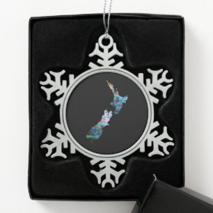 NEW ZEALAND MAP SIMPLE PAUA SNOWFLAKE PEWTER CHRISTMAS ORNAMENT